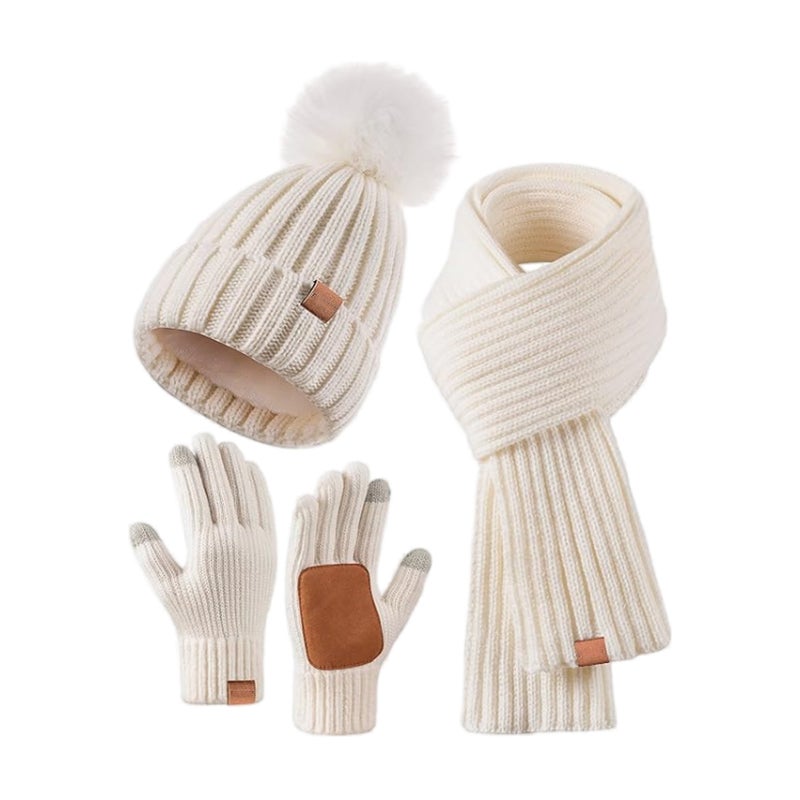 Knitted Beanie Scarf Gloves Set for Women Kids White with leather palms and no logo