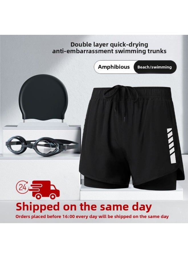 Generic - Swimming Trunks Men's 2024 Double-layer Anti-embarrassment Boys Plus Size Swimming Equipment Three-piece Equipment Beach Swimming Trunks-Colour:Gray Double-layer Swimming Trunks [water And Land Wear]- - Image 1