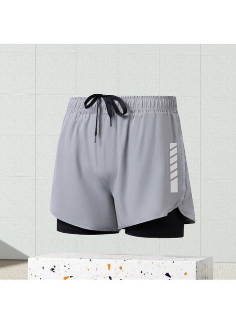 Swimming Trunks Men's 2024 Double-layer Anti-embarrassment Boys Plus Size Swimming Equipment Three-piece Equipment Beach Swimming Trunks-Colour:Gray Double-layer Swimming Trunks [water And Land Wear]-