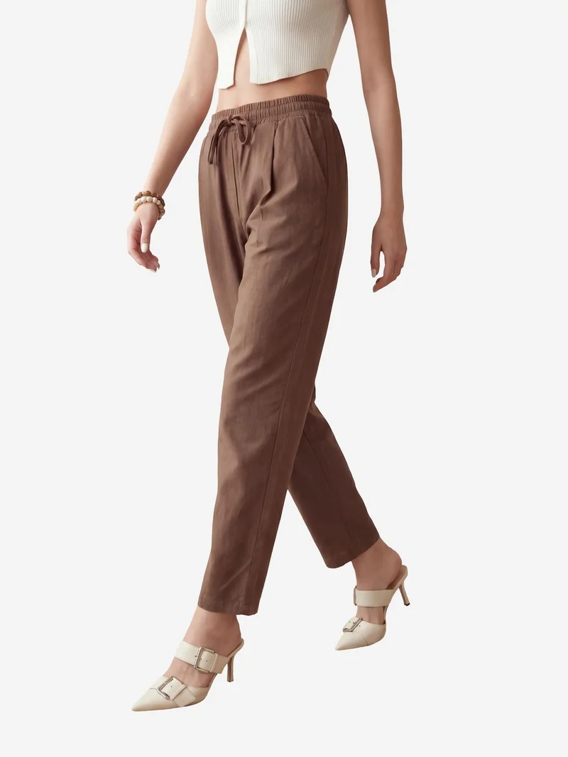 My Fashion Camel Brown MY FASHION Ankle Length Drawstring Waist Pants with Pocket for Women | Best Price UAE