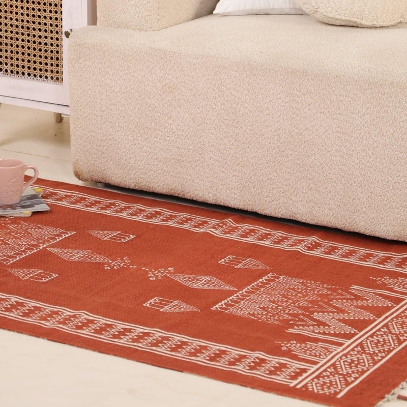 Peepul Tree Jaipuri Handprinted Cotton Rugs for Living Room Handmade Sustainable Modern Durries for Living Room Cotton Carpets for Living Room Bedroom Floor Rug for BedroomRust Brown 4X6 ft - Image 1