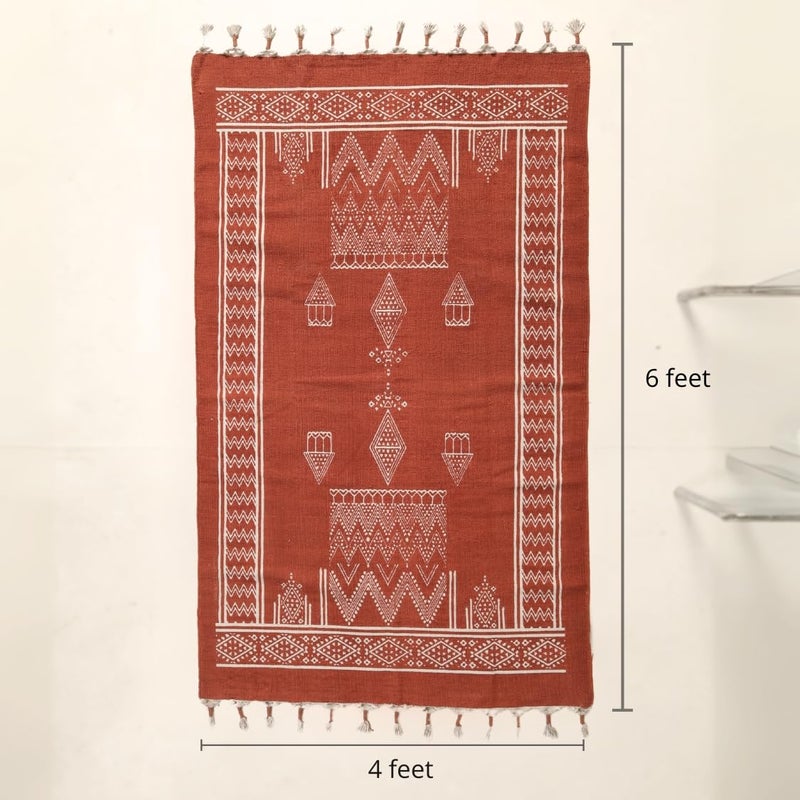 Peepul Tree Jaipuri Handprinted Cotton Rugs for Living Room Handmade Sustainable Modern Durries for Living Room Cotton Carpets for Living Room Bedroom Floor Rug for BedroomRust Brown 4X6 ft - Image 2