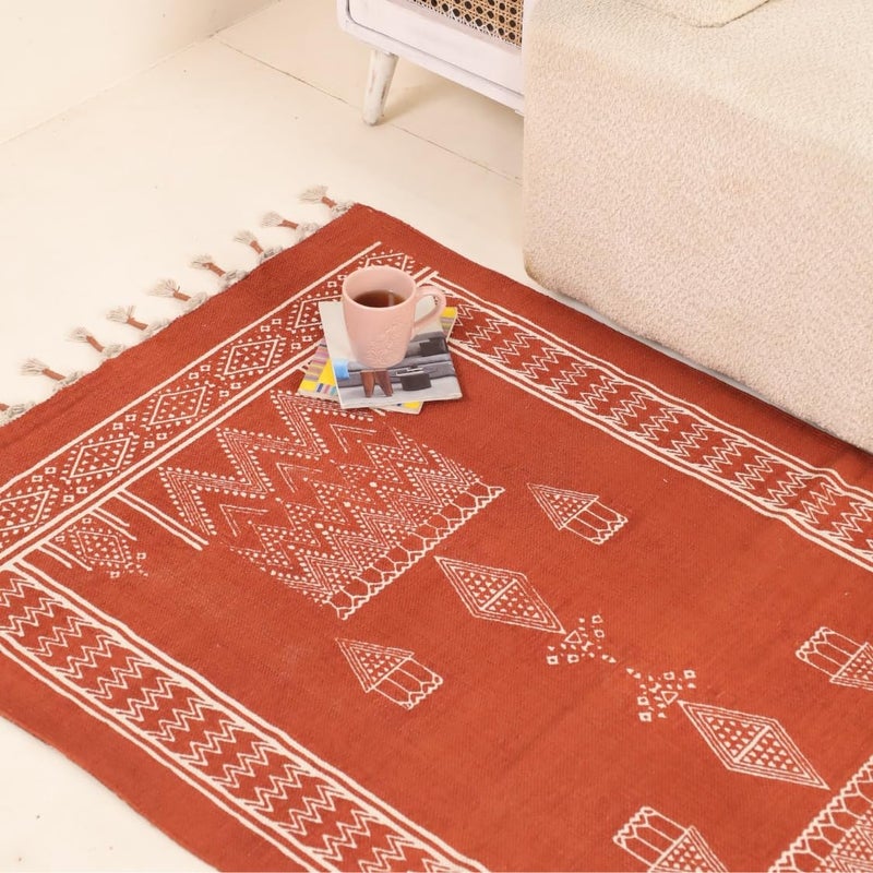 Peepul Tree Jaipuri Handprinted Cotton Rugs for Living Room Handmade Sustainable Modern Durries for Living Room Cotton Carpets for Living Room Bedroom Floor Rug for BedroomRust Brown 4X6 ft - Image 3