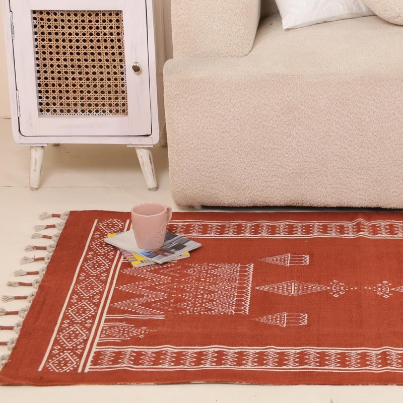 Peepul Tree Jaipuri Handprinted Cotton Rugs for Living Room Handmade Sustainable Modern Durries for Living Room Cotton Carpets for Living Room Bedroom Floor Rug for BedroomRust Brown 4X6 ft - Image 4