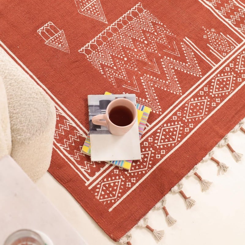 Peepul Tree Jaipuri Handprinted Cotton Rugs for Living Room Handmade Sustainable Modern Durries for Living Room Cotton Carpets for Living Room Bedroom Floor Rug for BedroomRust Brown 4X6 ft - Image 5