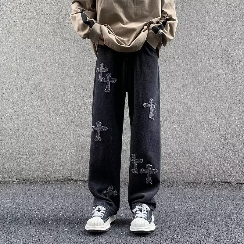 Streetwear Cross Patch Jeans for Men Black Gray  - Image 1