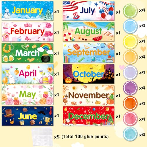 Omlisca 48 Pack Holiday Monthly Headliners 12 Months of The Year Bulletin Board Set Seasonal Monthly Headers Month Calendar Cards with 36 Round Colorful Cutouts for Classroom School Decorations - Image 3
