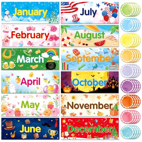 Omlisca 48 Pack Holiday Monthly Headliners 12 Months of The Year Bulletin Board Set Seasonal Monthly Headers Month Calendar Cards with 36 Round Colorful Cutouts for Classroom School Decorations - Image 1