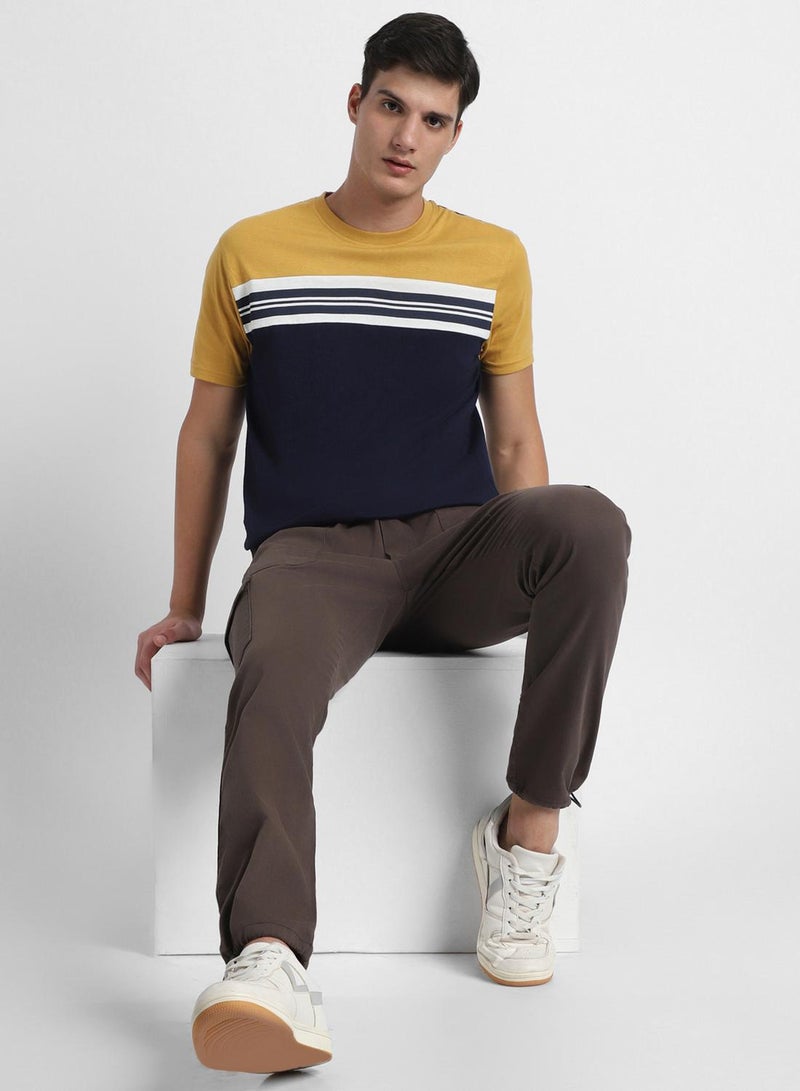 Dennis Lingo Mustard Slim Fit Striped Henley Neck T-shirt for Men - 100% Cotton, Short Sleeve, Casual  - Image 1