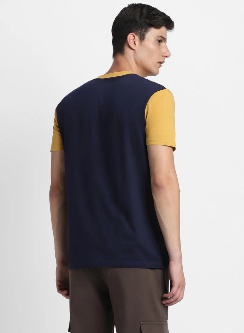 Dennis Lingo Mustard Slim Fit Striped Henley Neck T-shirt for Men - 100% Cotton, Short Sleeve, Casual