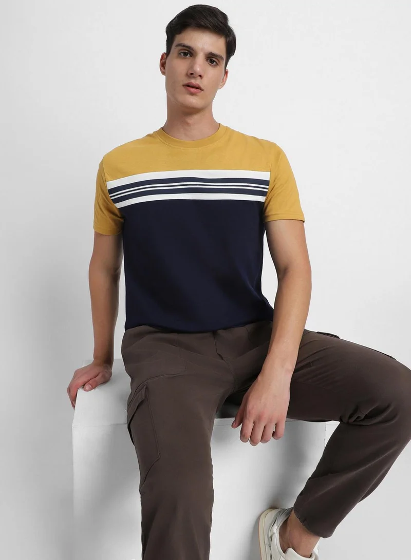 Dennis Lingo Mustard Slim Fit Striped Henley Neck T-shirt for Men - 100% Cotton, Short Sleeve, Casual