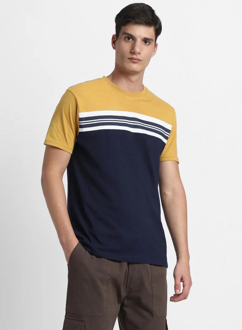 Dennis Lingo Mustard Slim Fit Striped Henley Neck T-shirt for Men - 100% Cotton, Short Sleeve, Casual
