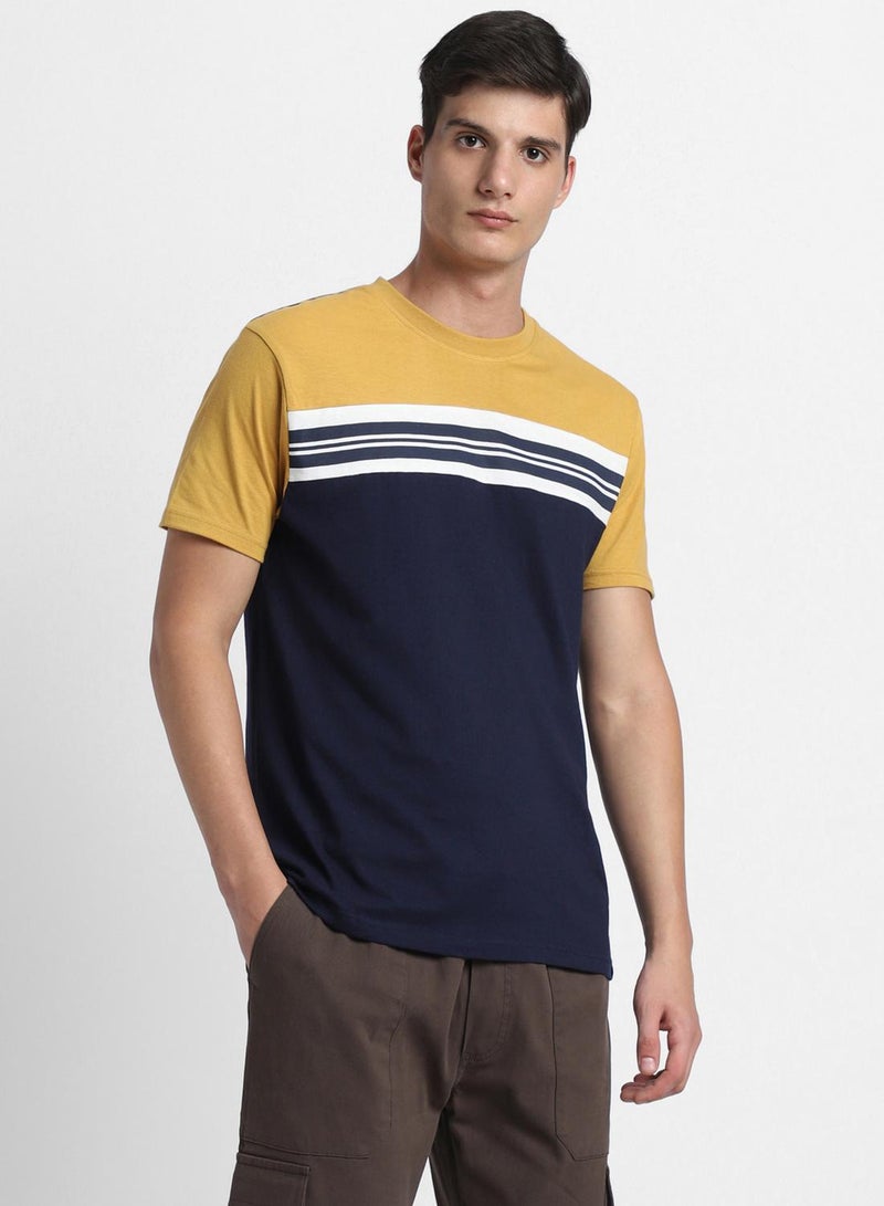 Dennis Lingo Mustard Slim Fit Striped Henley Neck T-shirt for Men - 100% Cotton, Short Sleeve, Casual  - Image 3
