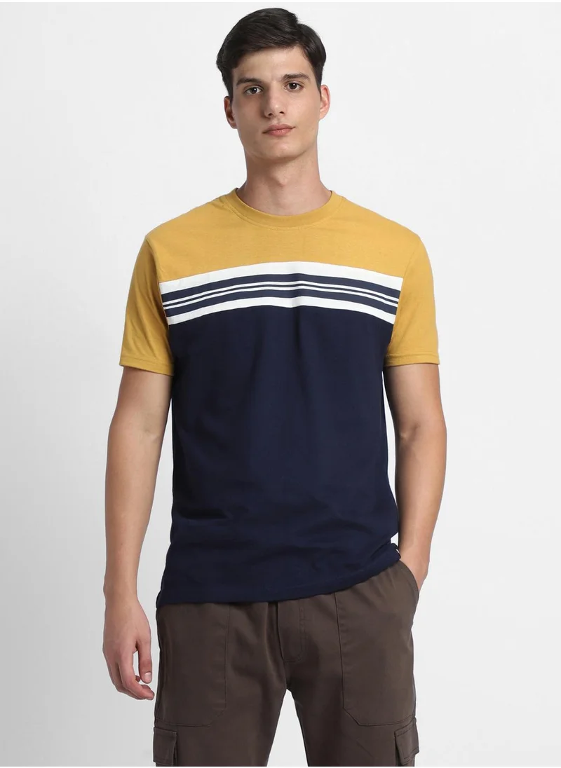 دينيس لينغو Mustard Slim Fit Striped Henley Neck T-shirt for Men - 100% Cotton, Short Sleeve, Casual