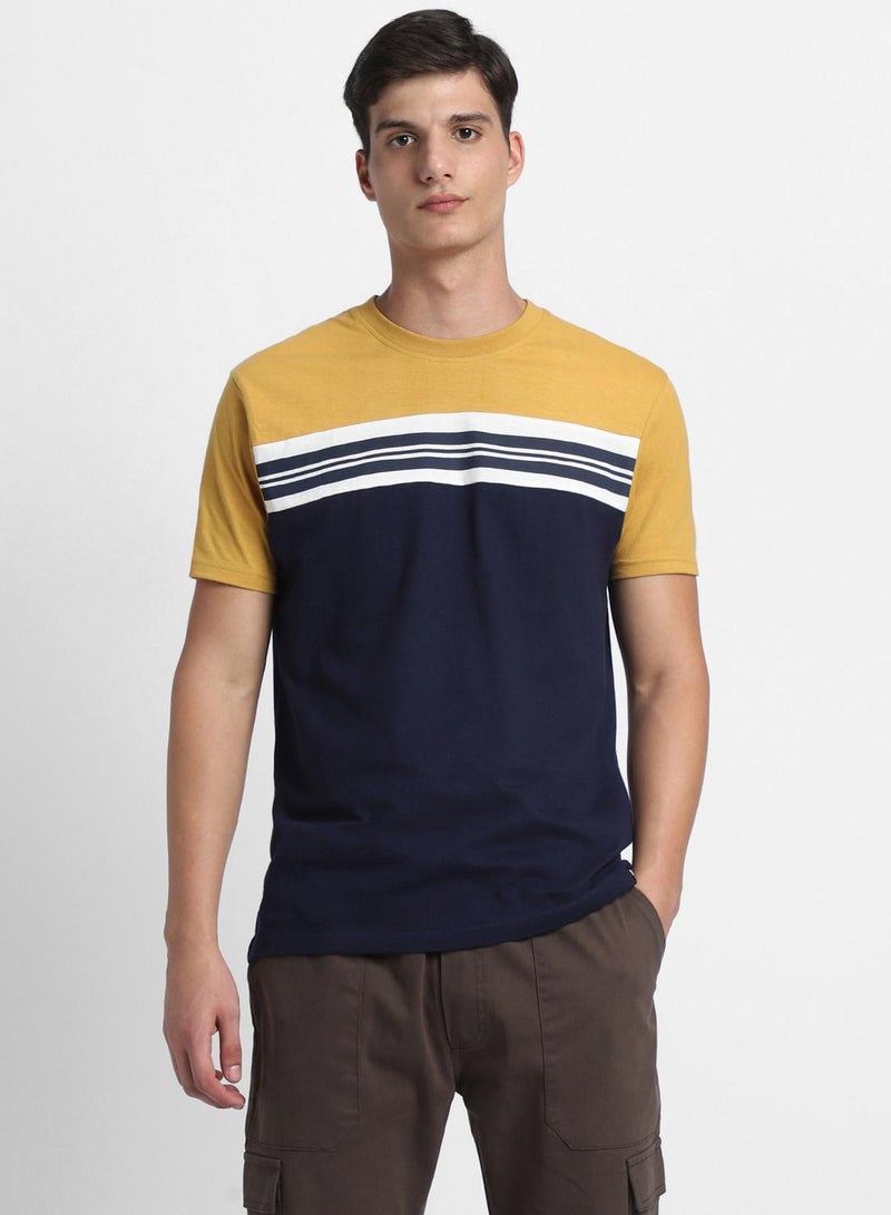Dennis Lingo Mustard Slim Fit Striped Henley Neck T-shirt for Men - 100% Cotton, Short Sleeve, Casual  - Image 2
