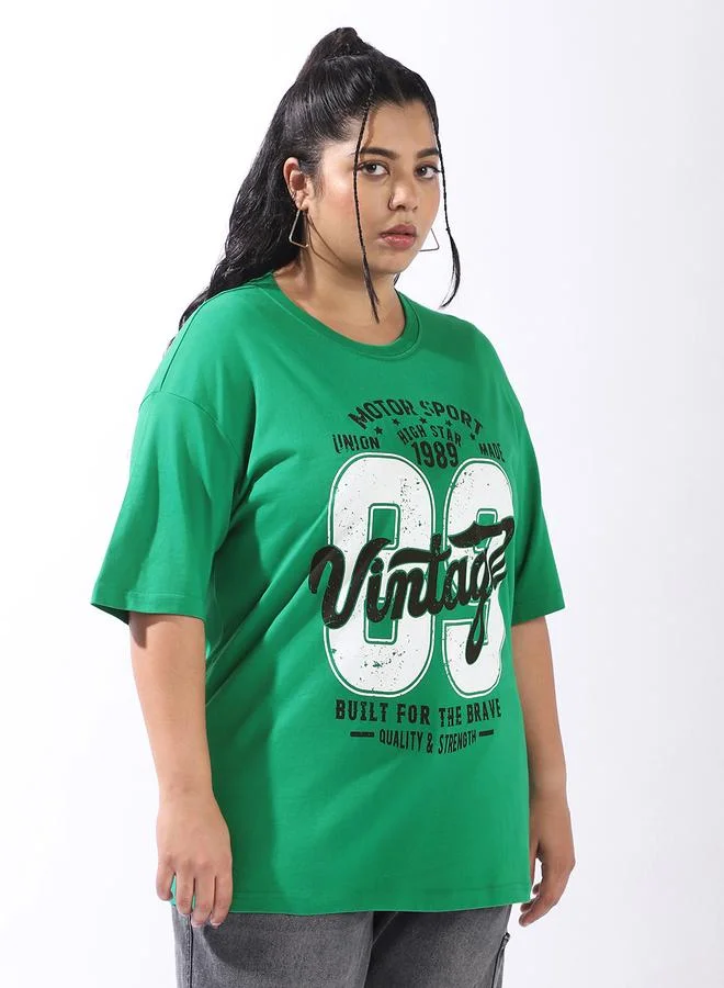 HIGH STAR Women's Green 100% Cotton Printed Plus Size Oversized T-Shirt