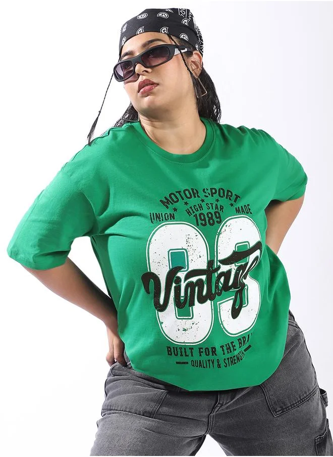 HIGH STAR Green T-shirts Printed Slip-on Knitted Round Neck Half Sleeves Plus Size T-Shirt for Women – Make every day iconic