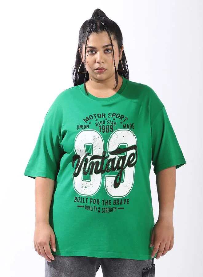 HIGH STAR Women's Green 100% Cotton Printed Plus Size Oversized T-Shirt