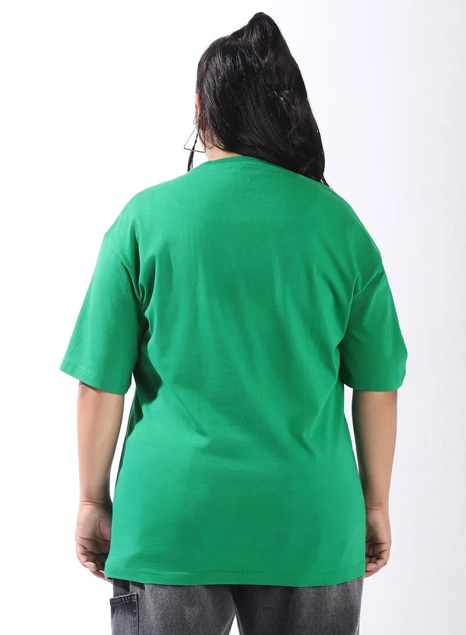 HIGH STAR Women's Green 100% Cotton Printed Plus Size Oversized T-Shirt