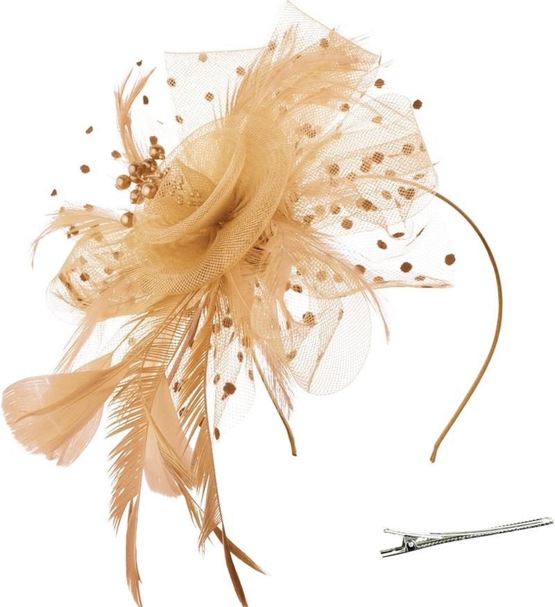DRESHOW Fascinators Hat Flower Mesh Ribbons Feathers on a Headband and a Clip Tea Party Headwear for Girls and Women - Image 1