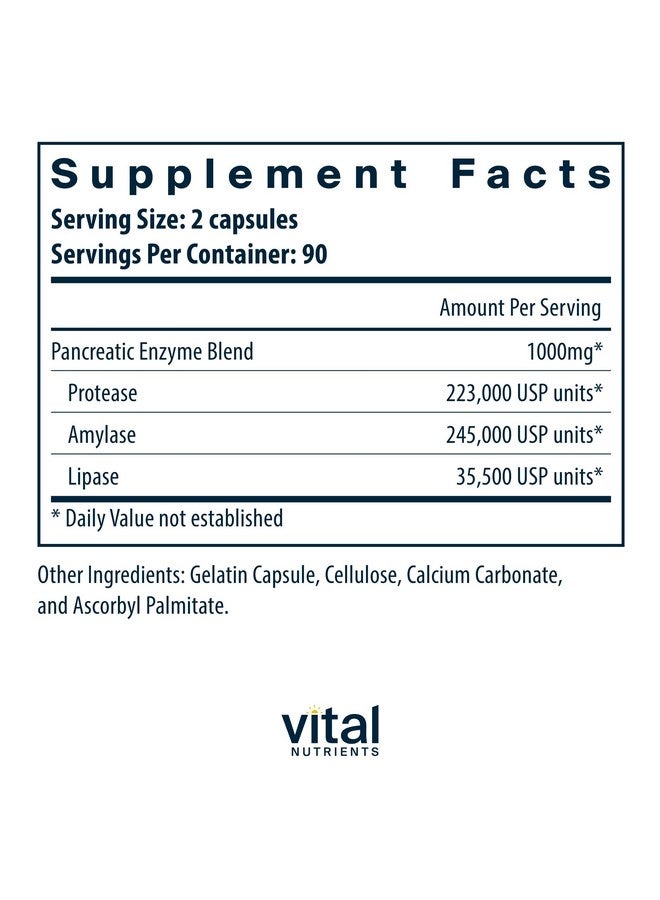 Vital Nutrients إنزيمات البنكرياس من فيتال نيوترينتس 1000 ملغ (قوة كاملة) | مكمل هضم بانكرياتين مع بروتياز وأميلاز وليباز | إنزيمات هضمية | خالي من الجلوتين والألبان وفول الصويا | 180 كبسولة - Image 2