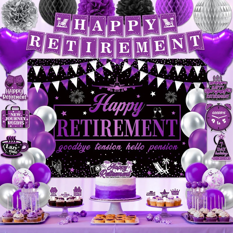 REDWORD Retirement Party Decorations, Purple Retirement Decorations for Women Including I'm Retired Sash & Tiara Set Banner Backdrop Hanging Garland Swirl Streamers Balloons Honeycomb Ball Cake Toppers - Image 4