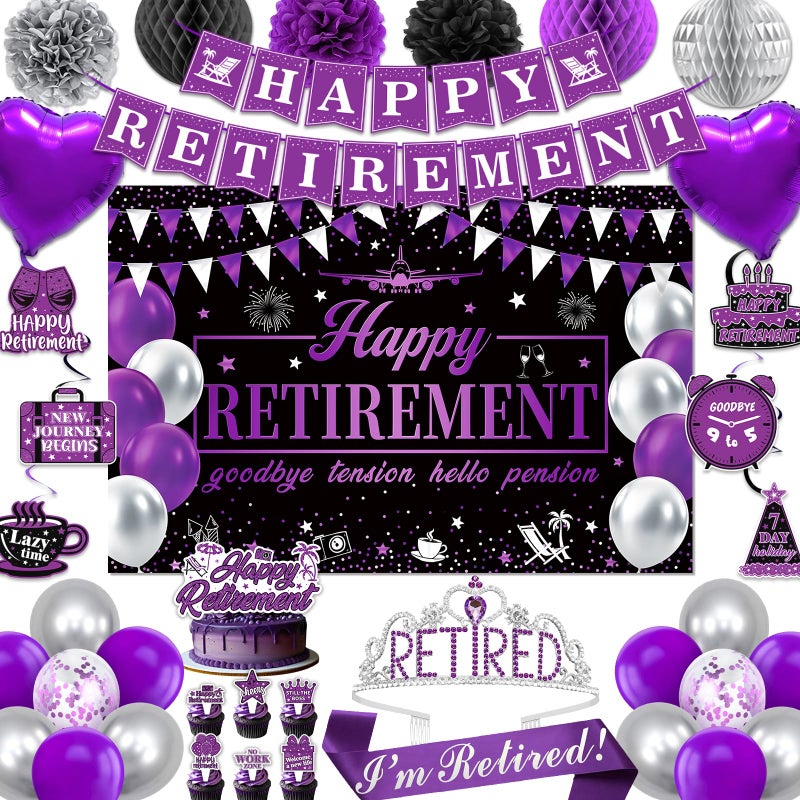 REDWORD Retirement Party Decorations, Purple Retirement Decorations for Women Including I'm Retired Sash & Tiara Set Banner Backdrop Hanging Garland Swirl Streamers Balloons Honeycomb Ball Cake Toppers - Image 1