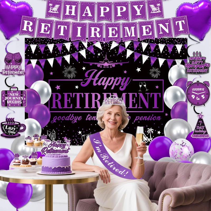 REDWORD Retirement Party Decorations, Purple Retirement Decorations for Women Including I'm Retired Sash & Tiara Set Banner Backdrop Hanging Garland Swirl Streamers Balloons Honeycomb Ball Cake Toppers - Image 5