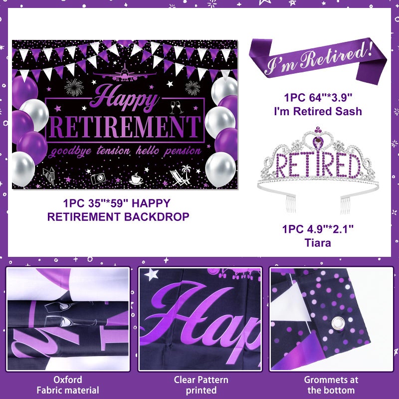 REDWORD Retirement Party Decorations, Purple Retirement Decorations for Women Including I'm Retired Sash & Tiara Set Banner Backdrop Hanging Garland Swirl Streamers Balloons Honeycomb Ball Cake Toppers - Image 3