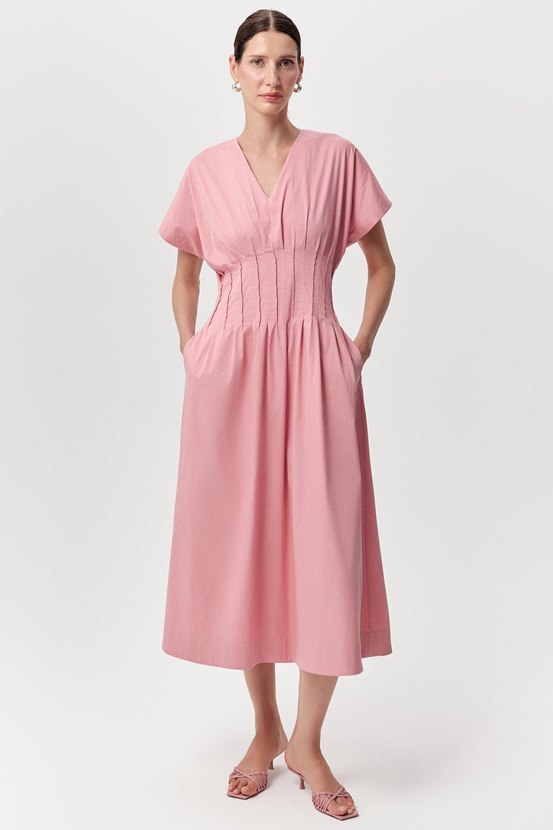 EXQUISE Short-sleeved, V-neck, fitted, pocketed, slim-fit midi pink dress. - Image 2