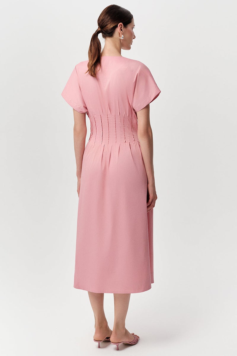 EXQUISE Short-sleeved, V-neck, fitted, pocketed, slim-fit midi pink dress. - Image 4