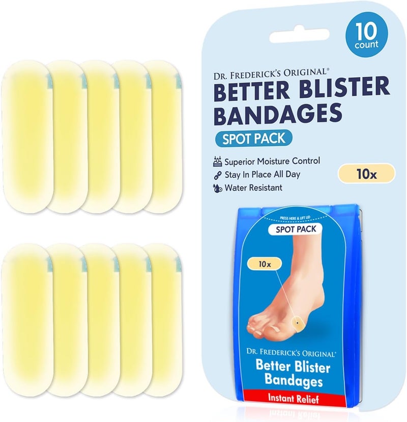 Dr Fredericks Original Better Blister Bandages 10 ct WaterResistant 40 More Cushioning Hydrocolloid Pads for Foot Protection Recovery Blister Relief Pads Spot Pack