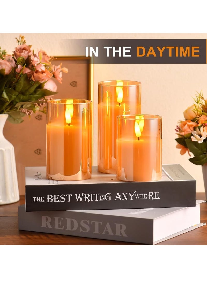 Raxoom Glass LED Flameless Pillar Candles – Real Wax with Flickering Wick, Battery Operated, Remote & Timer – Ideal for Home, Wedding & Festival Decor (Pack of 3) – Elegant Gold Finish - Image 2