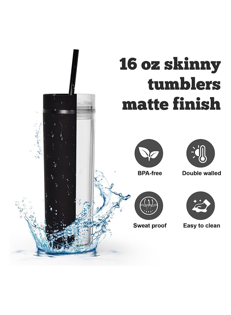 SYOSI 4 Pack Skinny Acrylic Tumbler 16oz Matte Black Acrylic Cups Double Wall Reusable Plastic Tumblers - Image 4