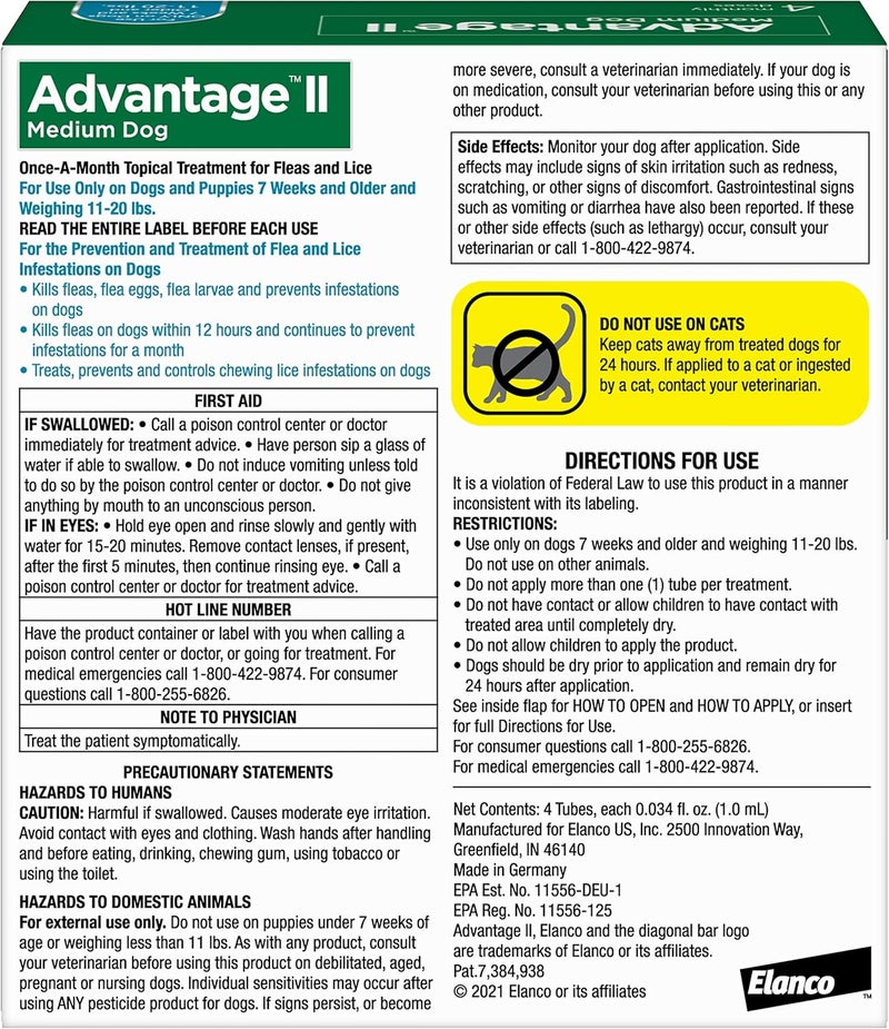 Elanco Advantage II Flea and Lice Treatment for Medium Dogs, 11-20 lbs, 4 Monthly Doses - Image 2