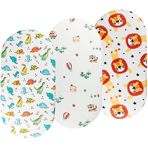 Bassinet Sheets Set 3 Pack for Baby Boy Stretchy Soft Jersey Knitted Fitted Sheet Universal for Oval Rectangle and Hourglass Bassinet Mattress Dinosaur Tiger and Lion Printing