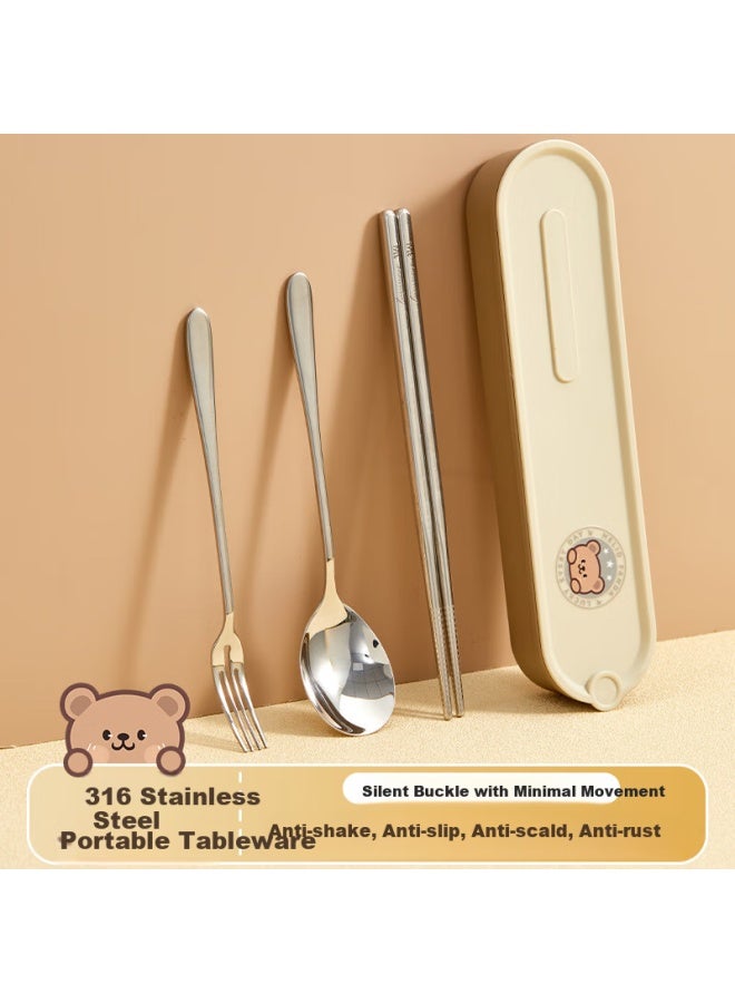 WORTHBUY Worthbuy 316 Stainless Steel Chopsticks Spoon Set For Students And Office Workers, Portable Cutlery Set For One Person, Three-piece Set, Bear - Image 1