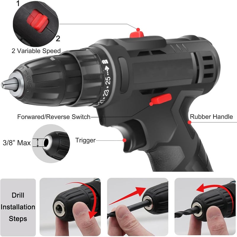 WEMART 12V Cordless Drill Set, Power Drill With Battery And Charger, Electric Drill 3/8" Keyless Chuck With 24 Accessories, 2 Speed, 25+3 Position, Compact Drill Driver Kit For Home & Diy Project - Image 3