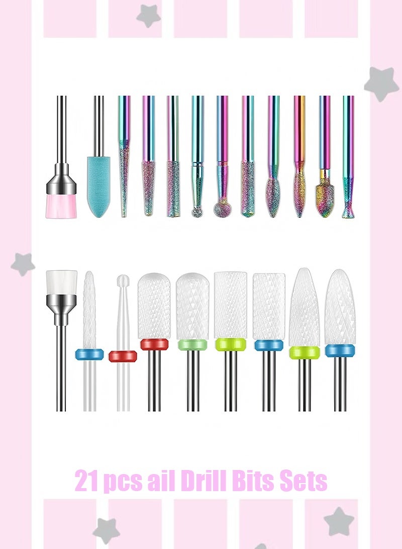 ail Drill Bits Sets,21 pcs 3/32 Inch Diamond Cuticle Electric Nail File and Ceramic Acrylic Gel Nail Bit Kit, Acrylic Nail Art Tools, Carbide Cuticle Remover Bits for Manicure Pedicure, Home Salon - Image 1