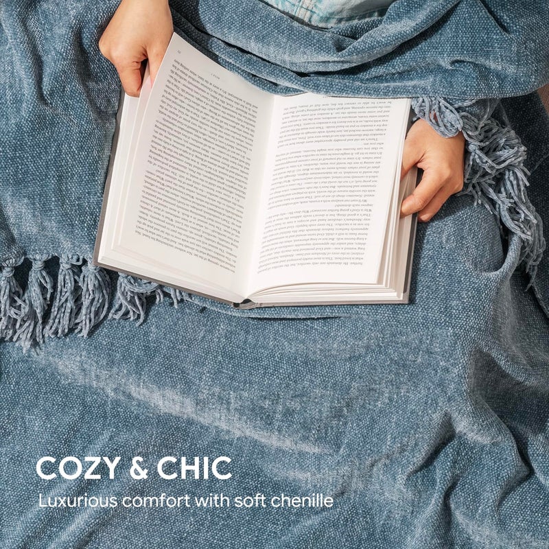 RECYCO Throw Blanket Soft Cozy Chenille Throw Blanket with Fringe Tassel for Couch Sofa Chair Bed Living Room Gift (Dusty Blue, 50'' x 60'') - Image 3