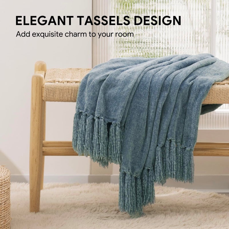 RECYCO Throw Blanket Soft Cozy Chenille Throw Blanket with Fringe Tassel for Couch Sofa Chair Bed Living Room Gift (Dusty Blue, 50'' x 60'') - Image 2
