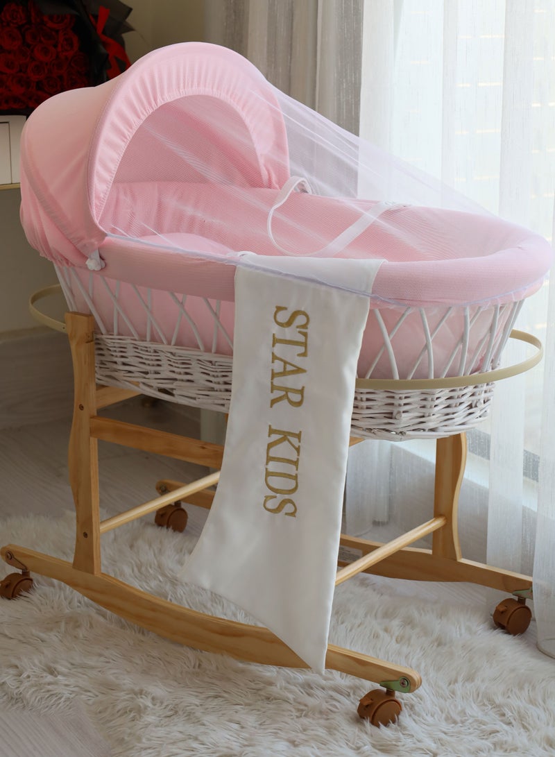 StarKids Baby Cradle Moses Basket With Rocking Stand, Pink - Image 1