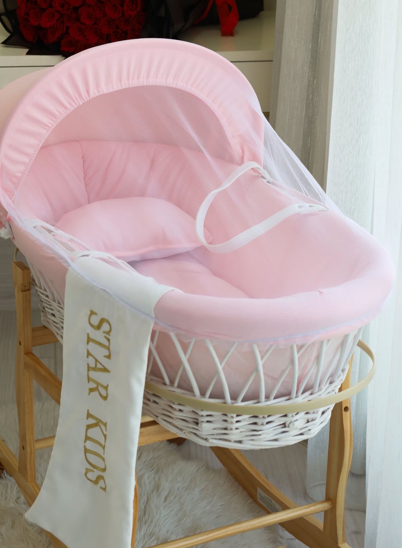StarKids Baby Cradle Moses Basket With Rocking Stand, Pink - Image 4