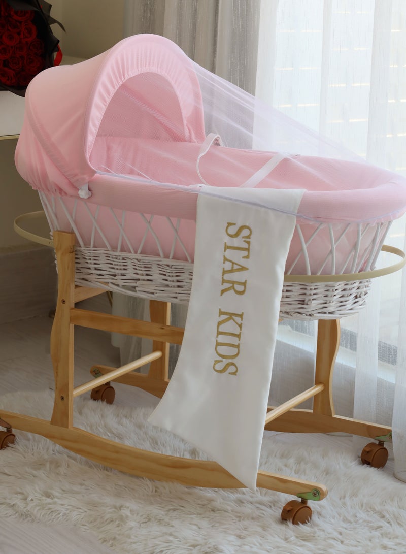 StarKids Baby Cradle Moses Basket With Rocking Stand, Pink - Image 2