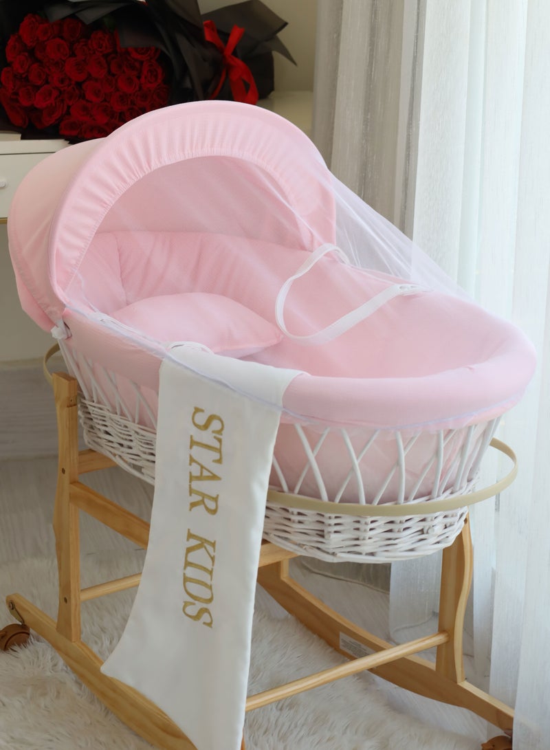 StarKids Baby Cradle Moses Basket With Rocking Stand, Pink - Image 3