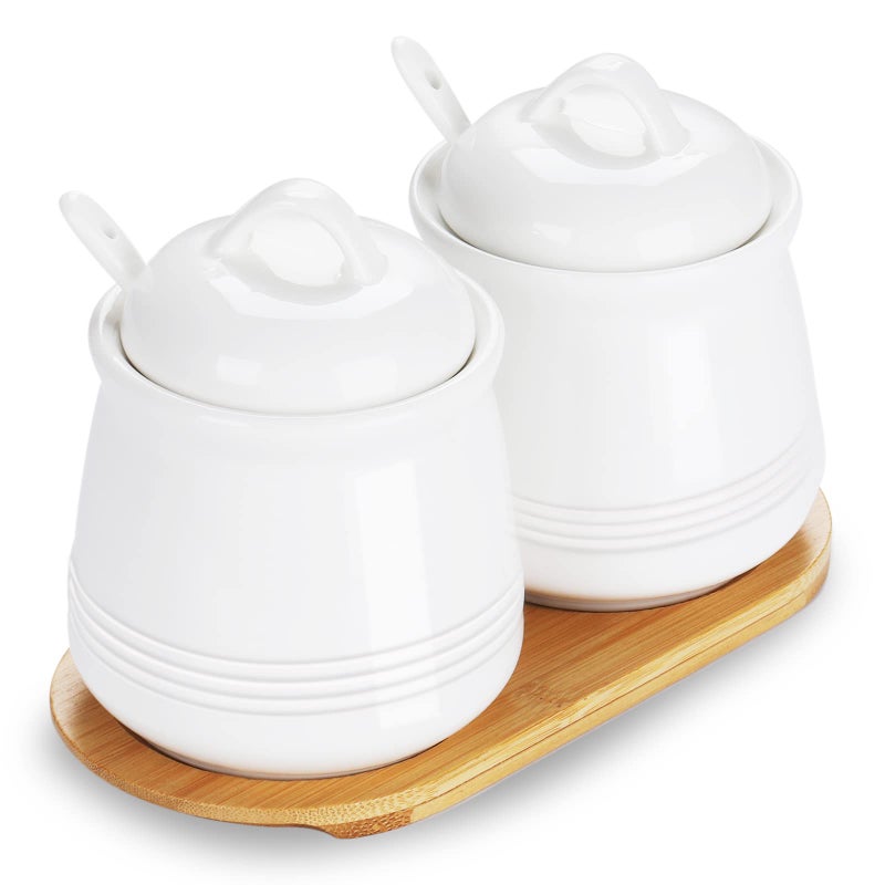 HAOTOP Ceramic Sugar Bowl 2 Pack PorcelainJar with Tray Spoon and Lid for Sugar Pepper Coffee Spice Salt 12 Ounces White
