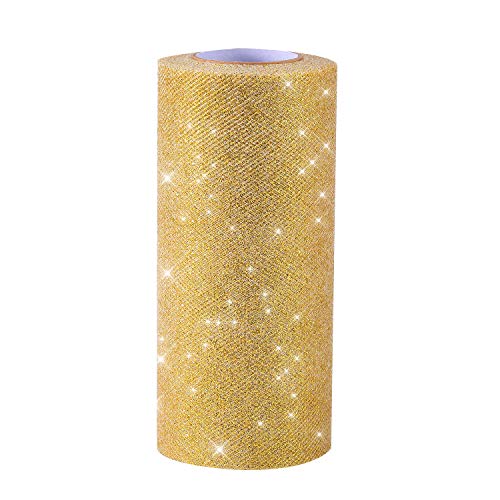 Senkary Glitter Tulle Roll Sparkling Tulle Ribbon Fabric Spool for Wedding Decoration Gift Wrapping, 6 Inch by 25 Yards (Gold) - Image 1