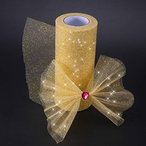 Senkary Glitter Tulle Roll Sparkling Tulle Ribbon Fabric Spool for Wedding Decoration Gift Wrapping, 6 Inch by 25 Yards (Gold) - Image 5