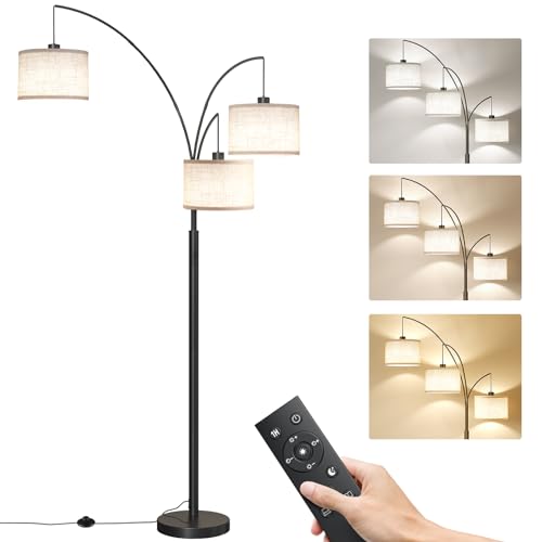SUNMORY 3 Lights Floor Lamp with Remote Control and 3 Stepless Dimmable Bulbs, 78" Tall Standing Lamp with Hanging Drum Shade & Heavy Base, Modern Arc Floor Lamps for Living Room, Bedroom, Office - Image 1