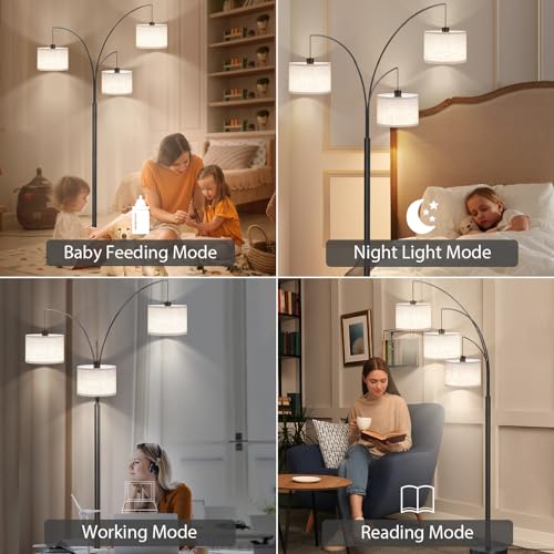 SUNMORY 3 Lights Floor Lamp with Remote Control and 3 Stepless Dimmable Bulbs, 78" Tall Standing Lamp with Hanging Drum Shade & Heavy Base, Modern Arc Floor Lamps for Living Room, Bedroom, Office - Image 4